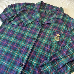 Lauren Ralph Lauren Flannel Plaid Pajama Top Womens XL Green Embroidered LRL